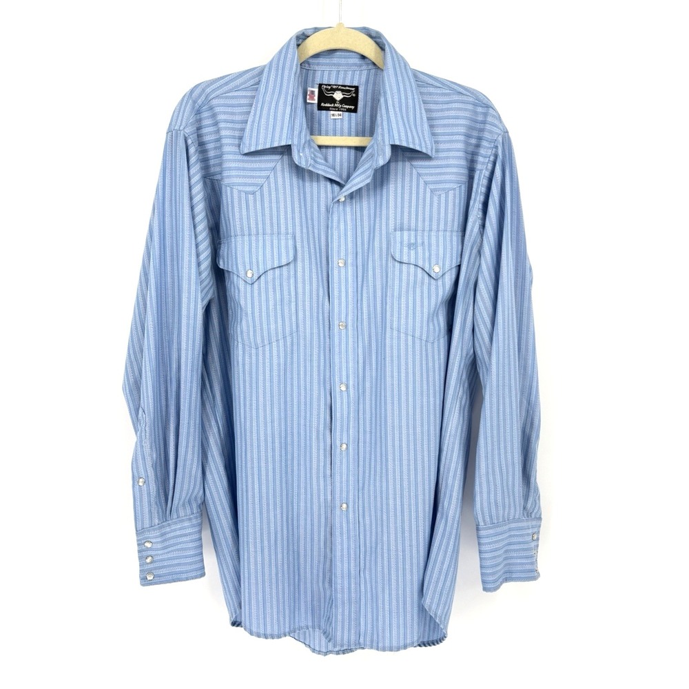 Vtg Flying R Ranchwear Blue Stripe Shirt Size 16 1/2-34 Western Cowboy Rodeo USA